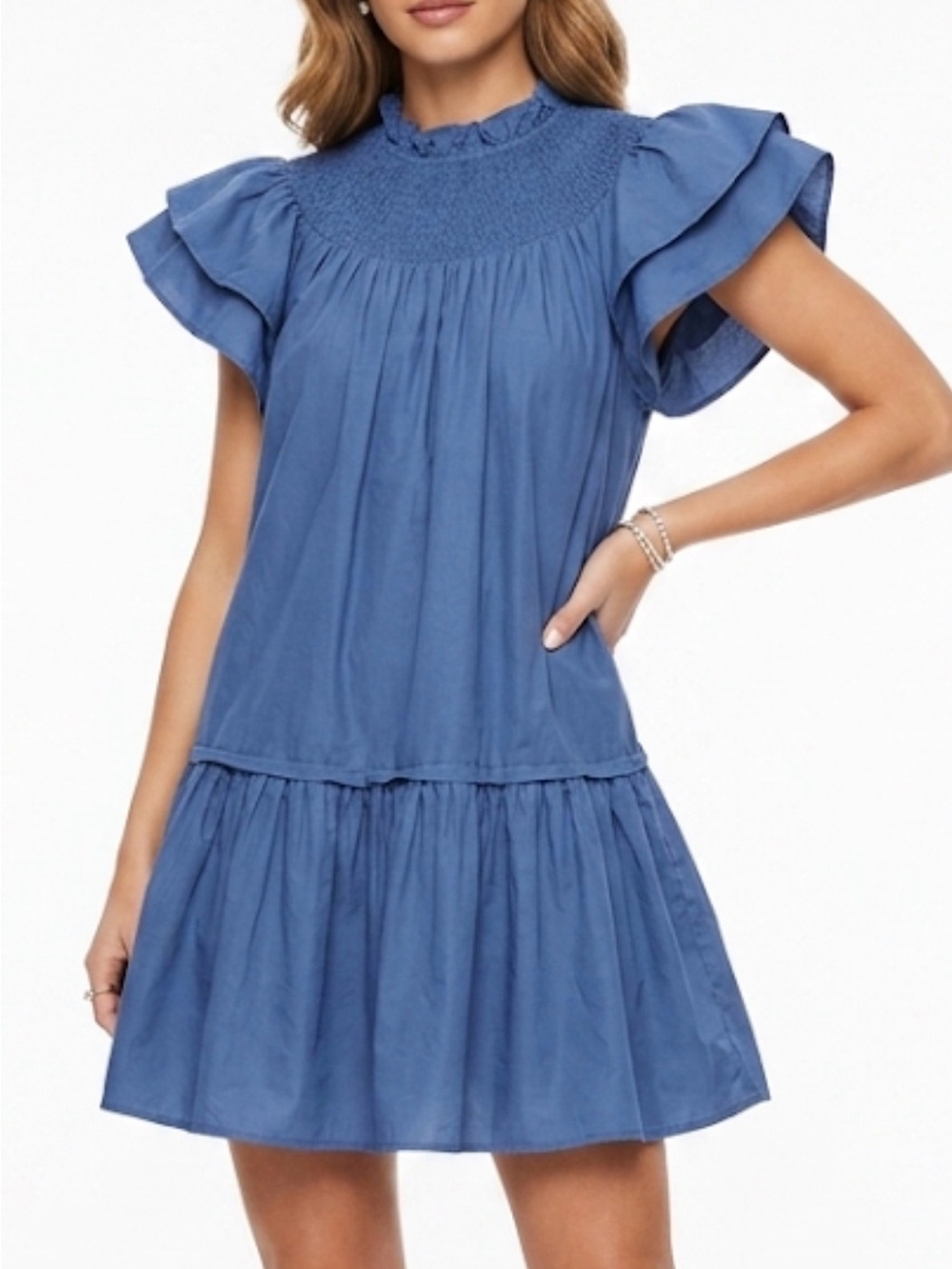 Pinch Blue Cotton Smocked Tiered Mini Dress Ruffle Flutter Sleeve 3995D Small‎